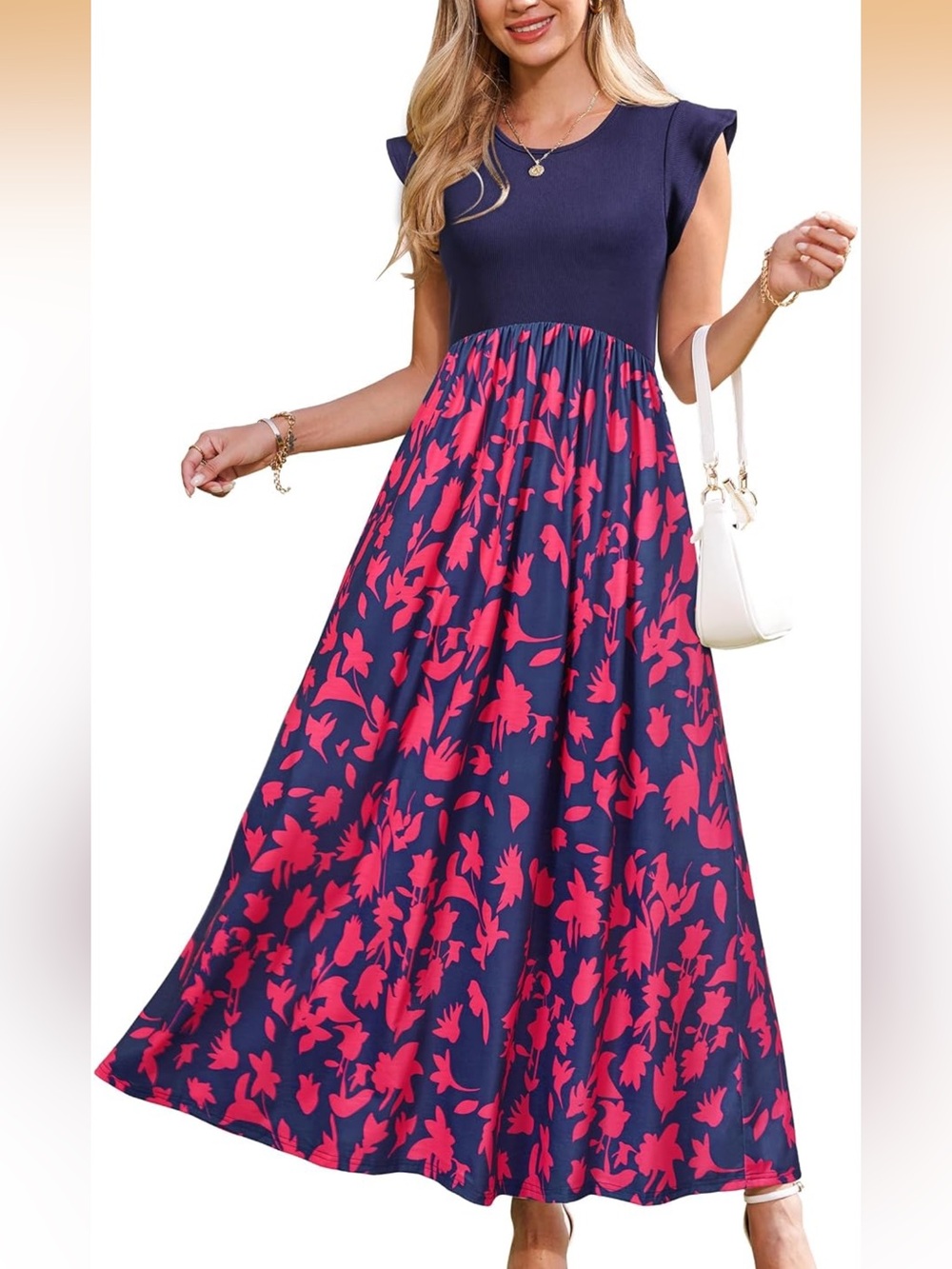 NWT OUGES Ruffle Sleeve Floral Maternity Maxi Dress with Pockets